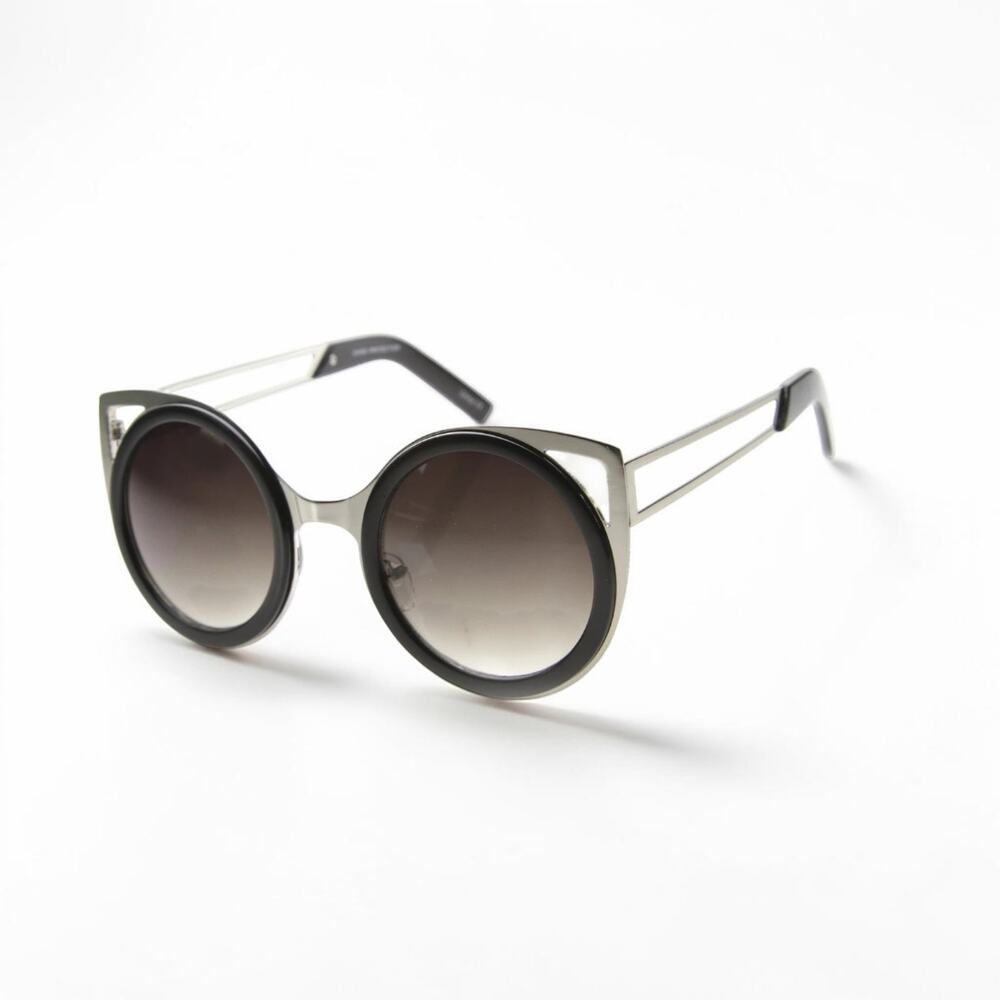New Black With Silver Metal Cat Eye Statement Sunglasses